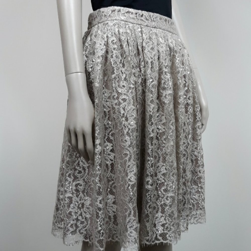 HD IN PARIS || ANTHROPOLOGIE Beige Silver gray floral lace skirt - Size 6